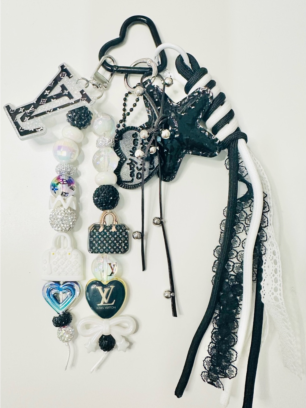 Black & White Beaded Charm Keychain with LV Heart Accent